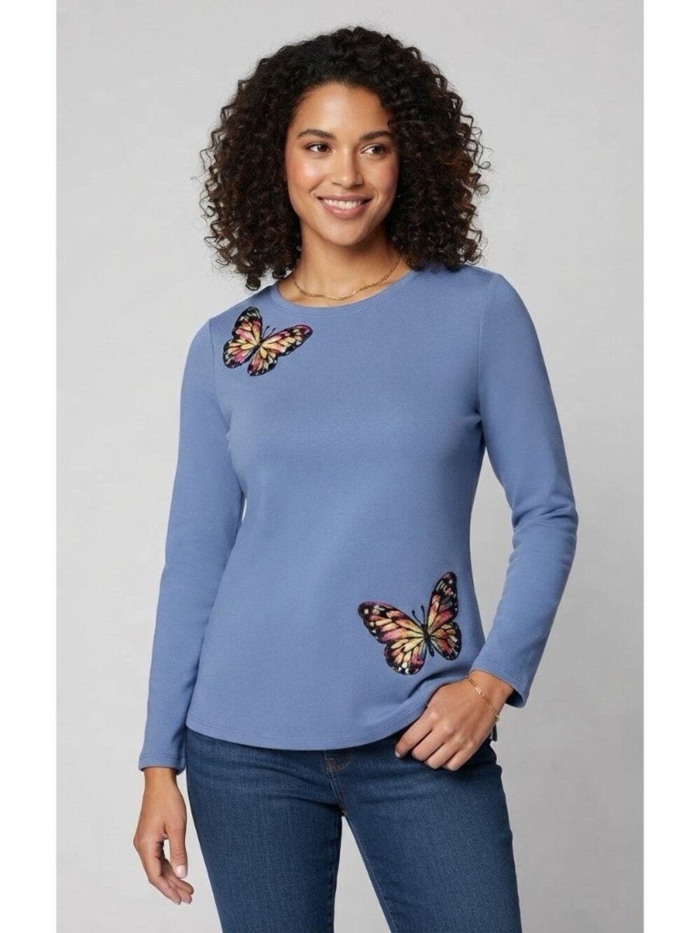 NWOT Quacker Factory Blue Butterfly Waffle Knit Long Sleeve Top Rhinestone Sz L
